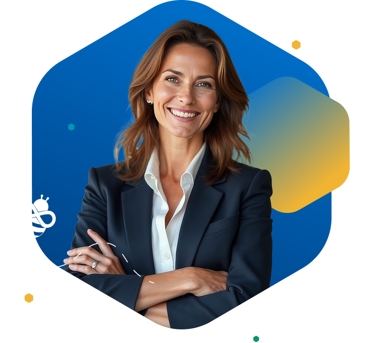 Confident businesswoman in a navy suit smiling against a blue background with hexagon and bee icon