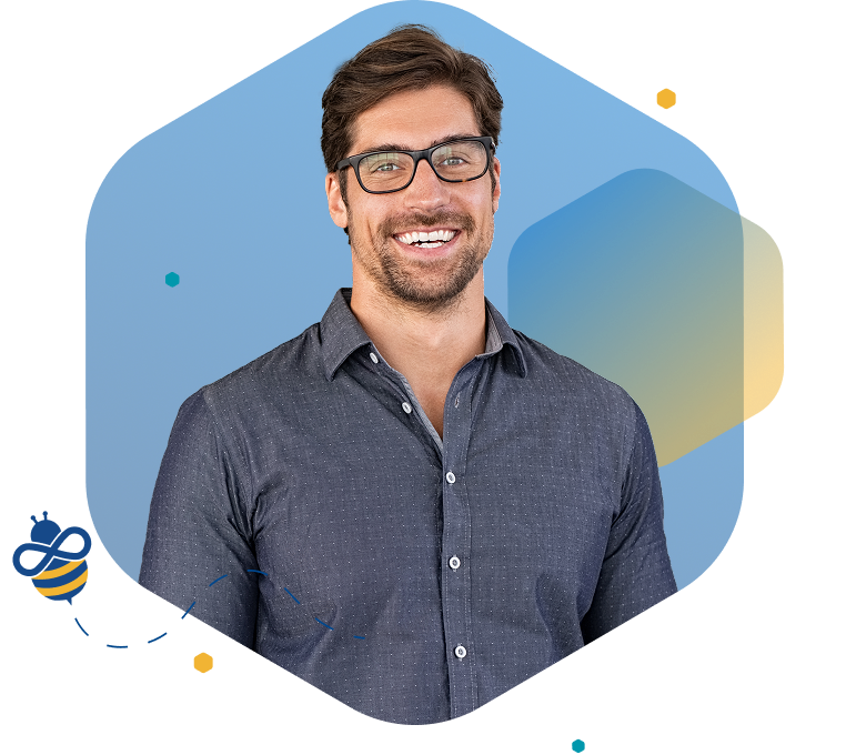 Smiling man in glasses and dark shirt facing right, standing against blue background with hexagon and bee icon