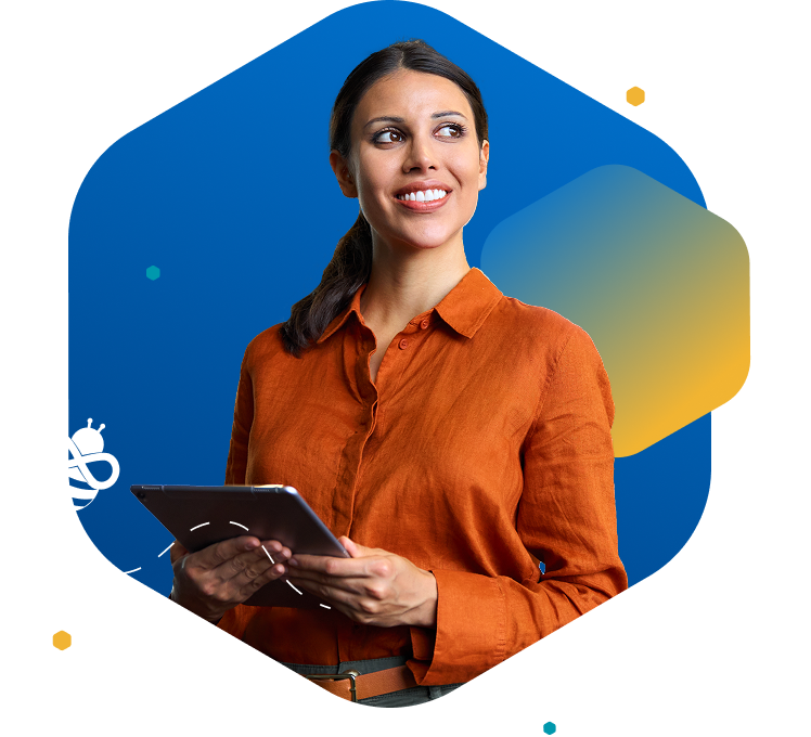 Smiling woman in orange blouse holding a tablet, facing left on blue background with bee icon