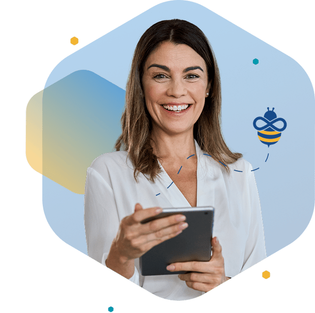 Smiling woman in white blouse holding a tablet, facing right against a blue background with hexagon and bee icon