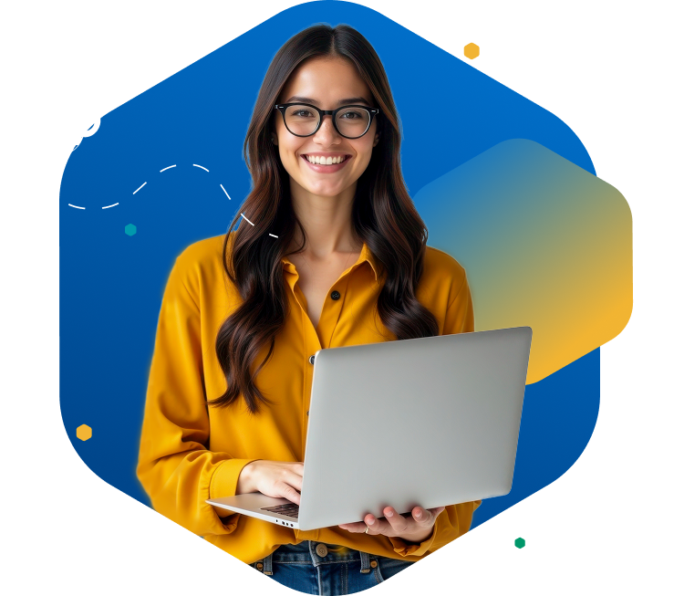 Smiling woman in yellow blouse holding a laptop, facing right against a blue background with hexagon and bee icon
