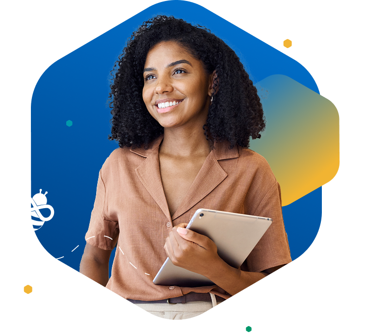 Smiling woman with curly hair holding a tablet, facing left, in front of a colorful hexagon background with bee graphic and dotted trail